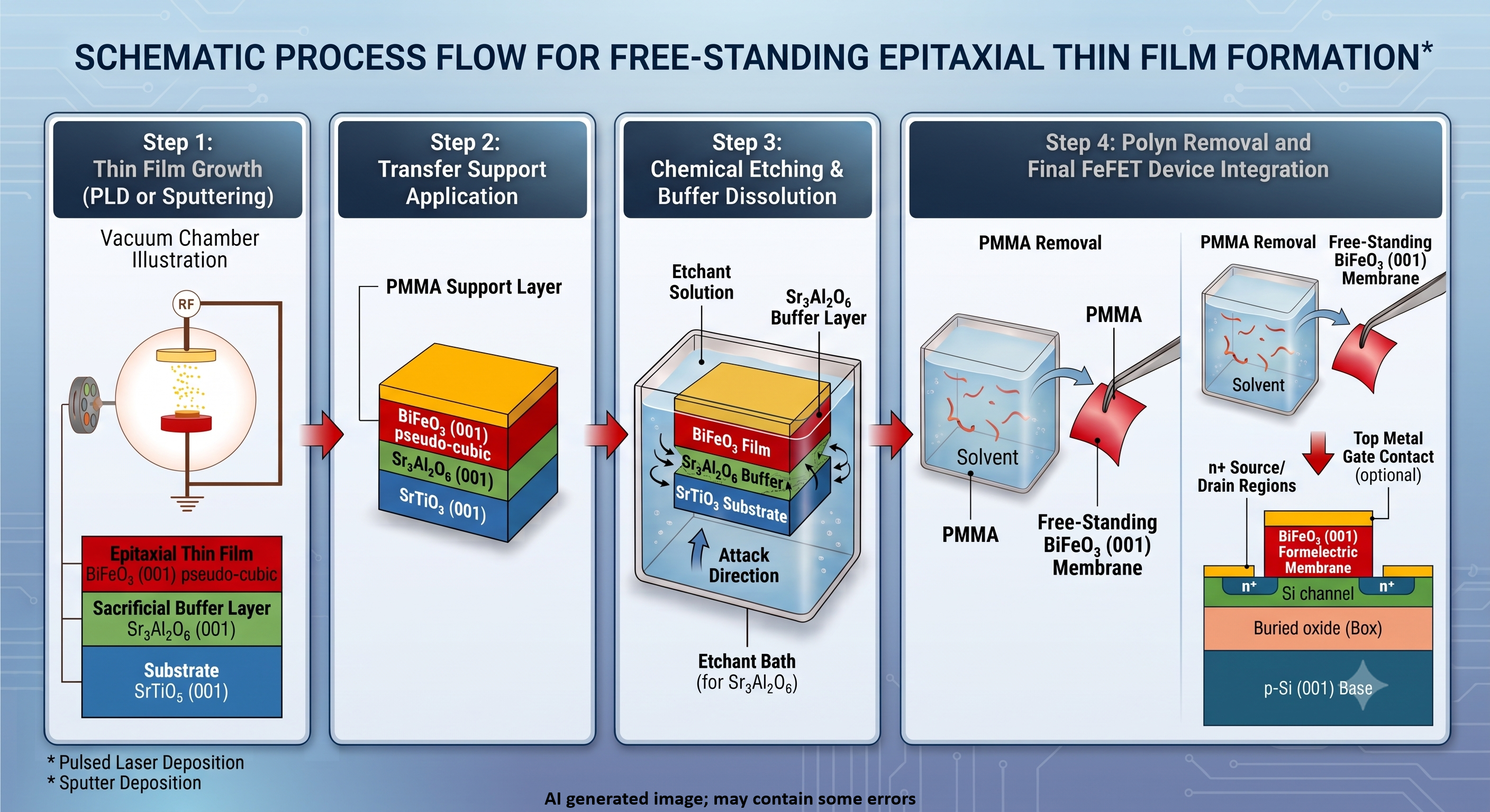 Schematic process flow for free-standing epitaxial thin film formation